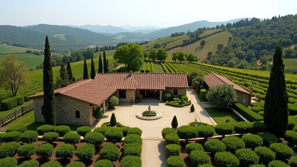 Veduta aerea di un centro ritiro circondato da vigneti toscani, strutture in pietra tradizionale, giardini zen con percorsi ghiaiosi, colline in sfondo