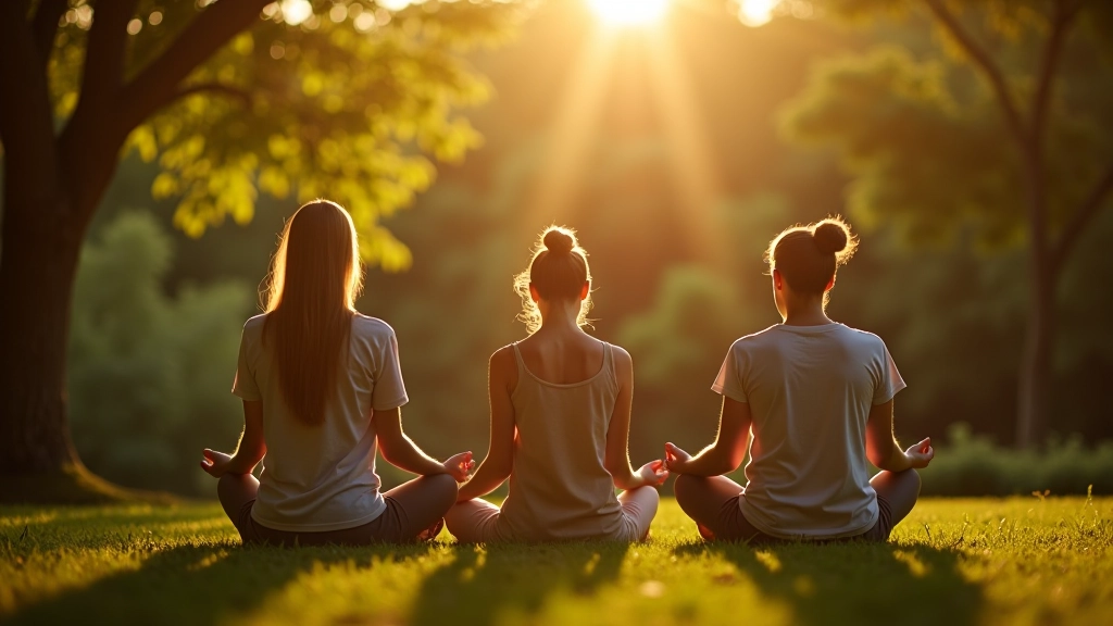 Persone in meditazione all'aperto in un giardino zen circondato da alberi, alba o tramonto, atmosfera tranquilla e consapevole
