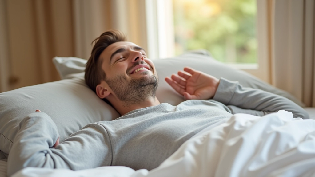 Persona che si rilassa dopo la pratica del body scan, espressione serena e tranquilla, corpo completamente rilassato