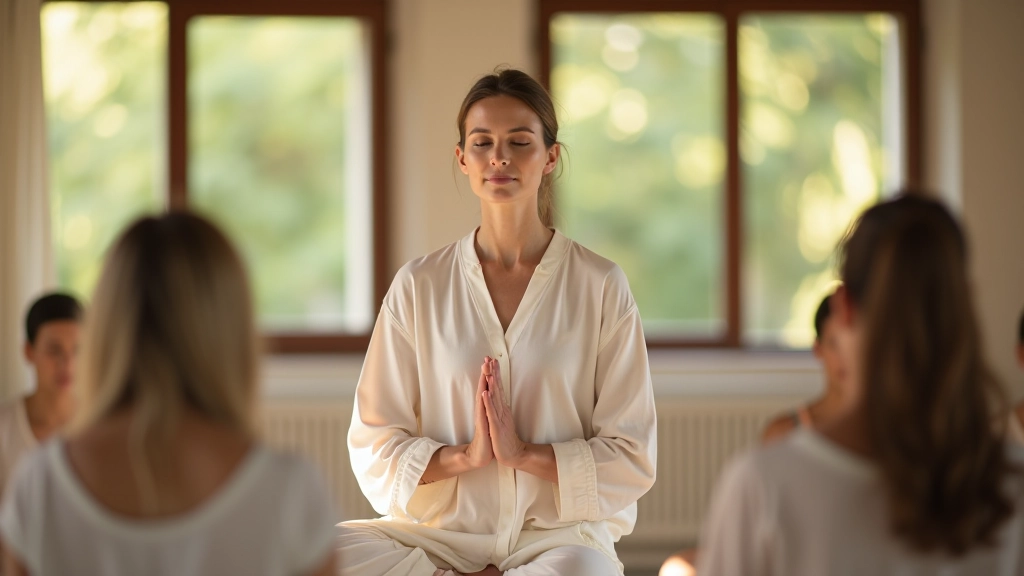 Dettaglio di una lezione di meditazione con insegnante che guida un piccolo gruppo di persone sedute su cuscini, luce naturale da finestre ampie