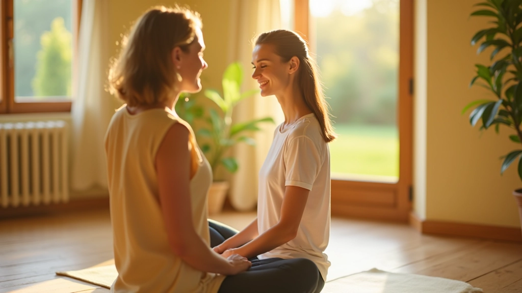 Maestro di meditazione che insegna in una stanza luminosa con finestre aperte e vista su giardino