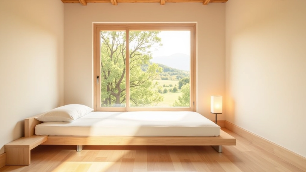 Dettaglio di una camera semplice ma confortevole in un centro ritiro con letto singolo, finestra con vista sul paesaggio, arredamento minimalista, pavimento in legno