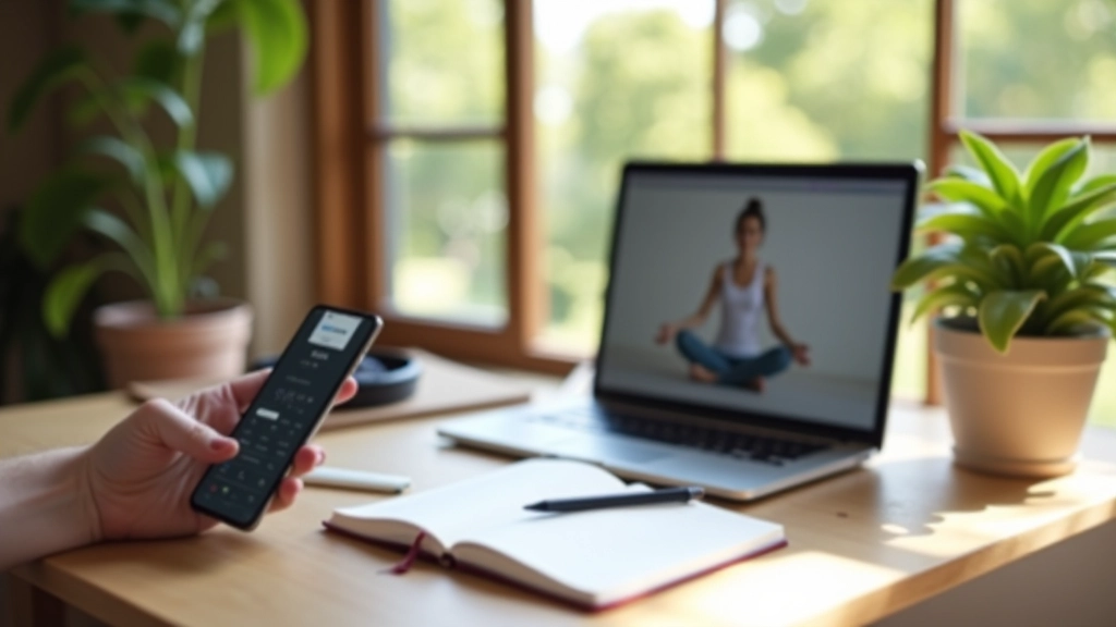 Smartphone e laptop su scrivania con app di meditazione aperte e cuffie bluetooth vicine