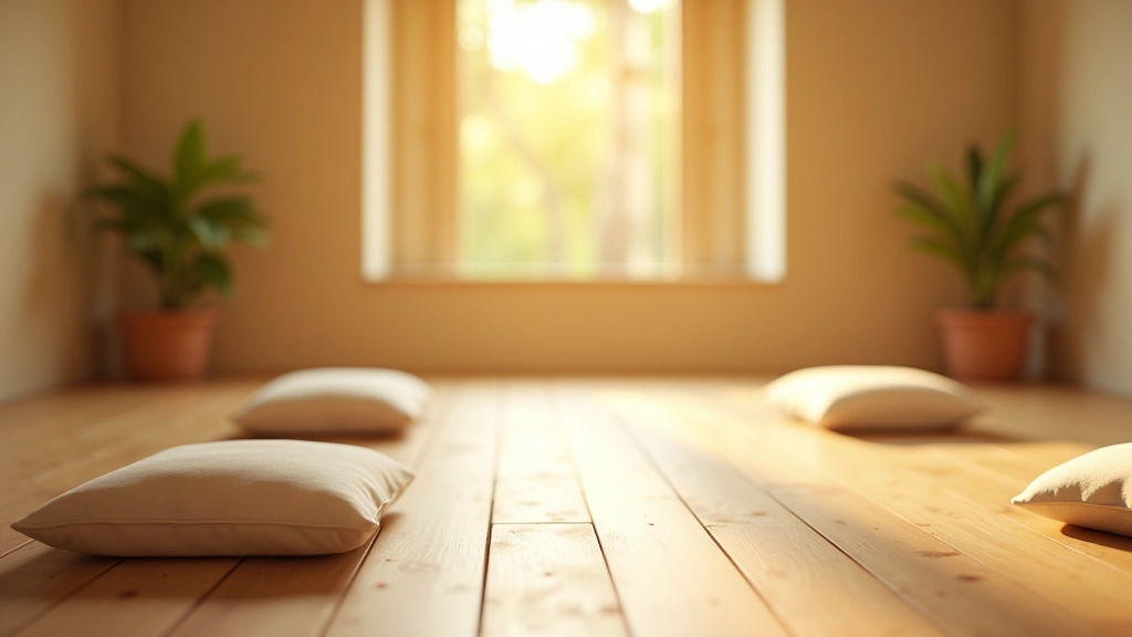 Studio di meditazione con persone che praticano il body scan in gruppo, spazio calmo e sereno con lighting naturale