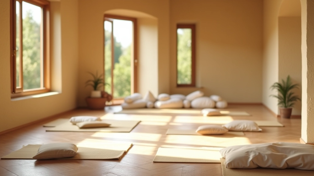 Interno del centro ritiro consapevolezza con spazi dedicati alla pratica meditativa