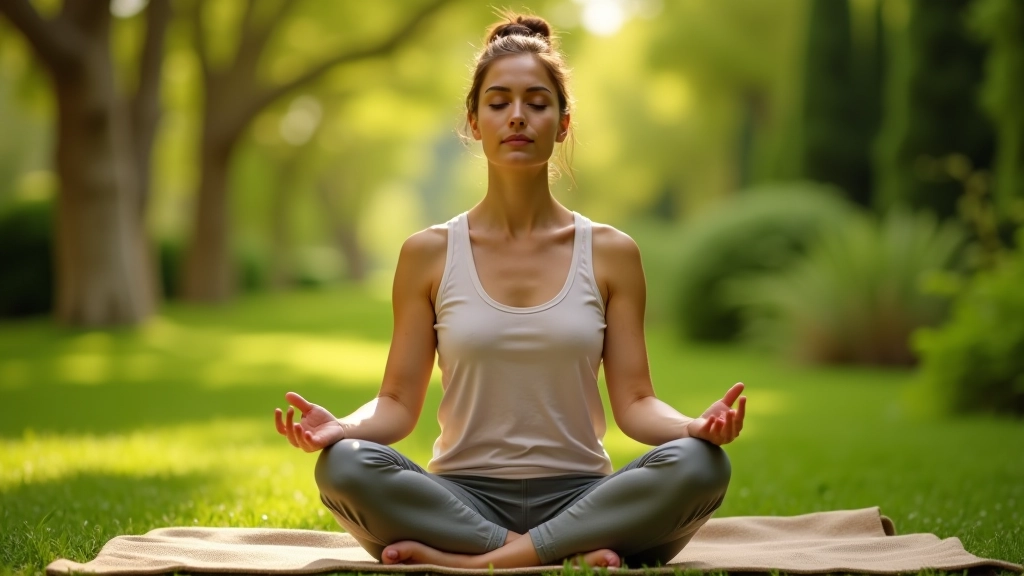Persona seduta in posizione meditativa in un giardino tranquillo circondato da alberi e luce naturale