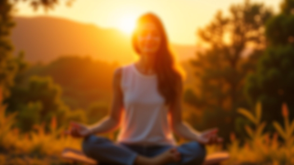 Persona meditando al tramonto con espressione di pace e accettazione, circondata da elementi naturali sereni