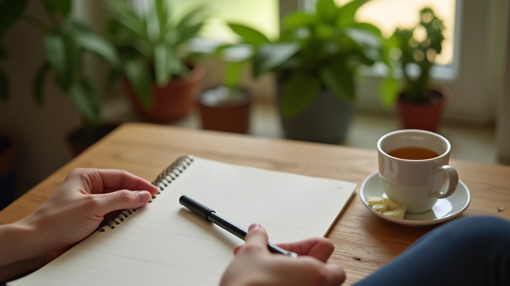 Persona che tiene un diario della meditazione con penna, tavolo in legno, tè caldo in tazza, piante da interno sullo sfondo
