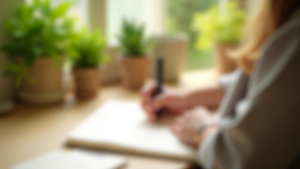 Persona che scrive su un giornale personale con penna stilografica, accanto a piante verdi in vaso in ambiente luminoso