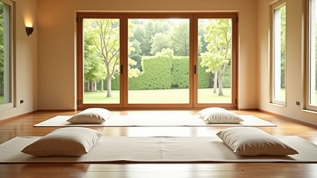 Studio sereno con cuscini per la meditazione, finestre luminose e vista su giardino verde