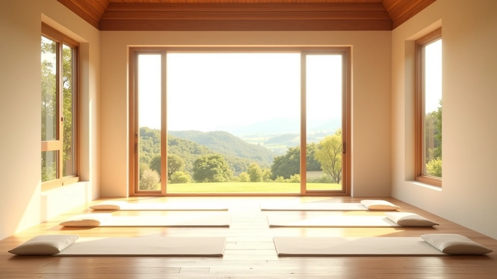 Spazio meditazione sereno con finestre aperte sulla campagna toscana, luce naturale soffusa, cuscini e tappetini disposti ordinatamente