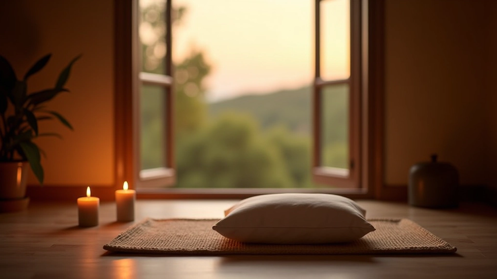 Spazio di meditazione sereno con cuscini, candela accesa e finestra aperta su paesaggio naturale toscano