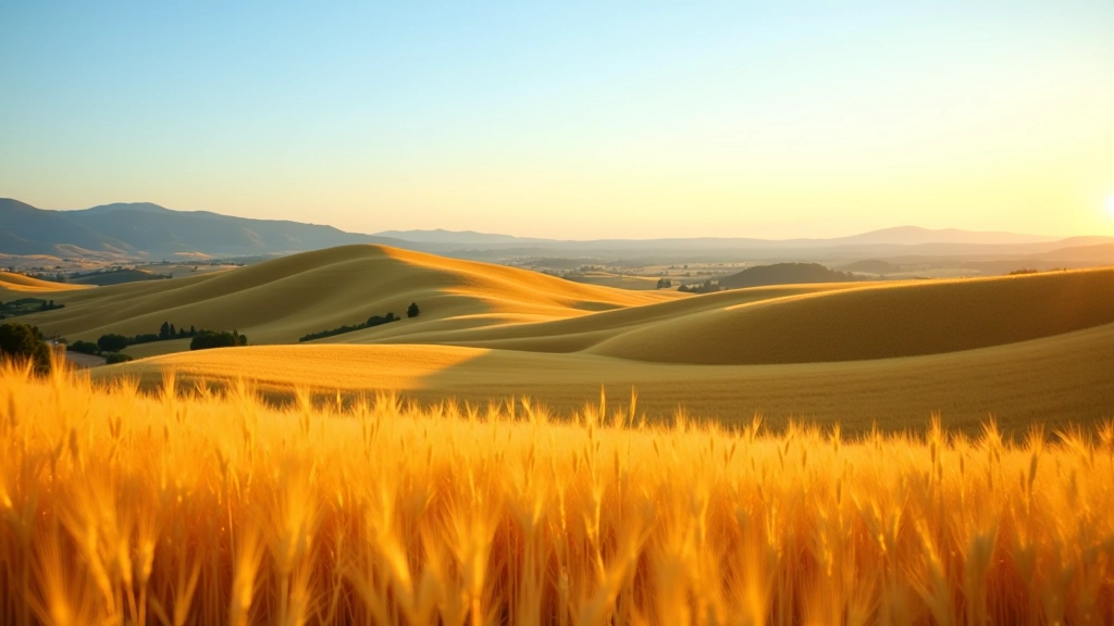 Panorama collinare toscano con campi di grano dorato e cielo azzurro sereno durante l'ora d'oro