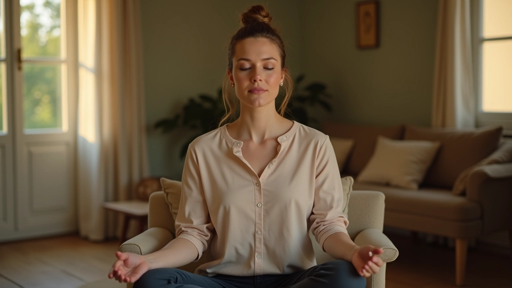 Donna seduta in poltrona confortevole durante una sessione di meditazione guidata in soggiorno luminoso