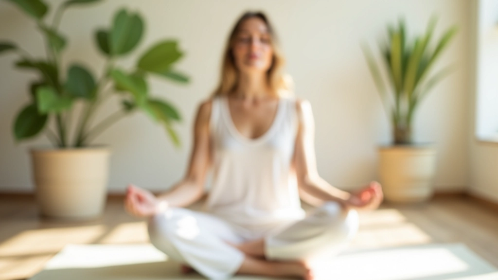 Persona che pratica il body scan in posizione seduta, ambiente tranquillo e luminoso con piante verdi