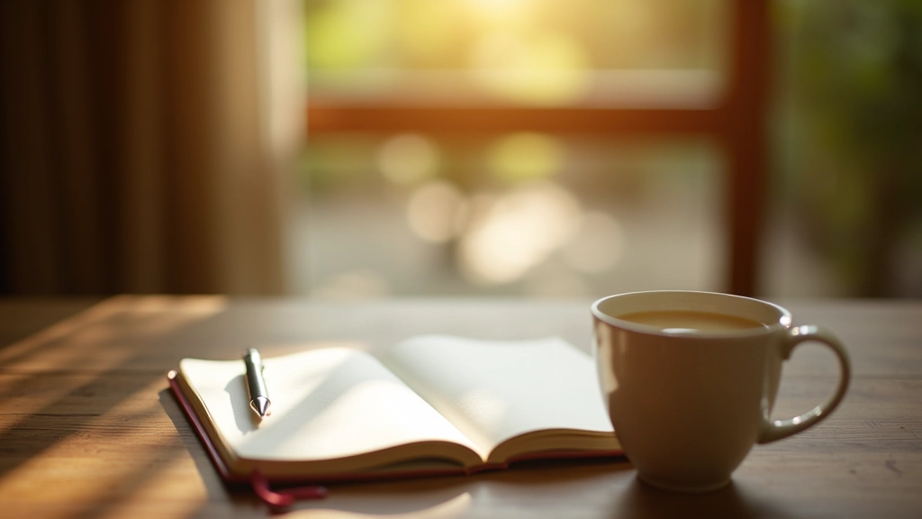 Tavolo di legno con quaderno aperto, penna e una tazza di tè caldo in ambiente tranquillo